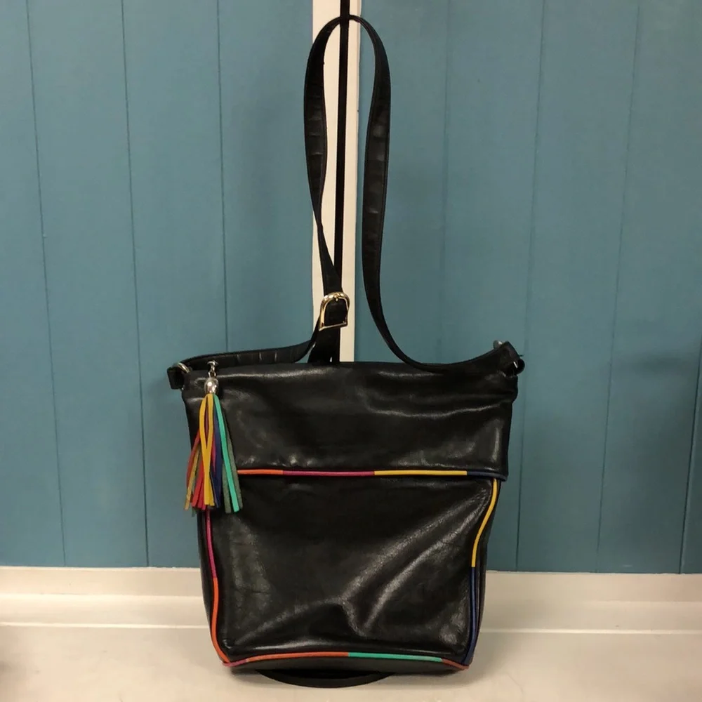 Vtg y2k 90’s rainbow color trim black leather‎ purse crossbody purse 11” x 9”